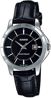 Casio, Women’s Watch Analog, Black Dial Black Leather Band, LTP-V004L-1AUDF